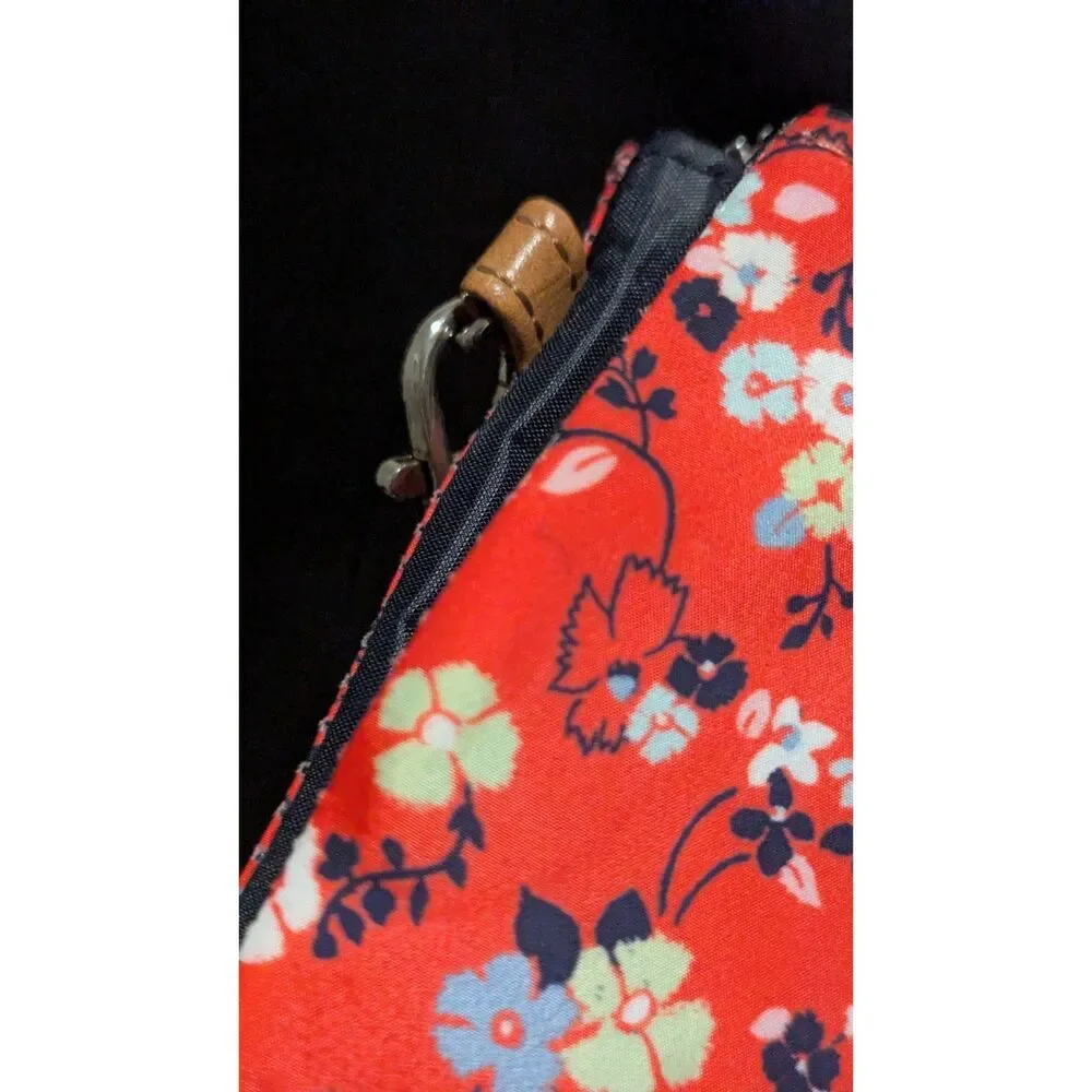 Nautica double zip wristlet nylon pleated orange red floral tan trim silver NWT